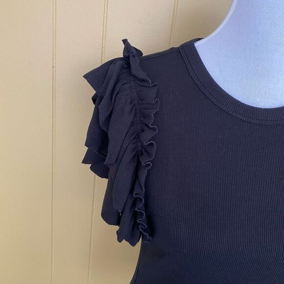 Express women M Crewneck ribbed short sleeve with ruffle top black - Picture 2 of 8